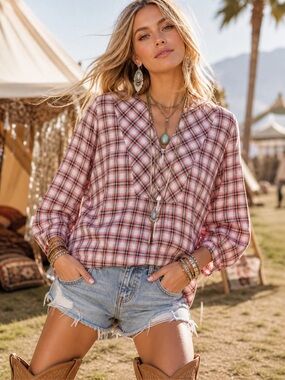 TALBOTS Plaid Tunic Top Cotton V-Neck Long Sleeve Pink XL